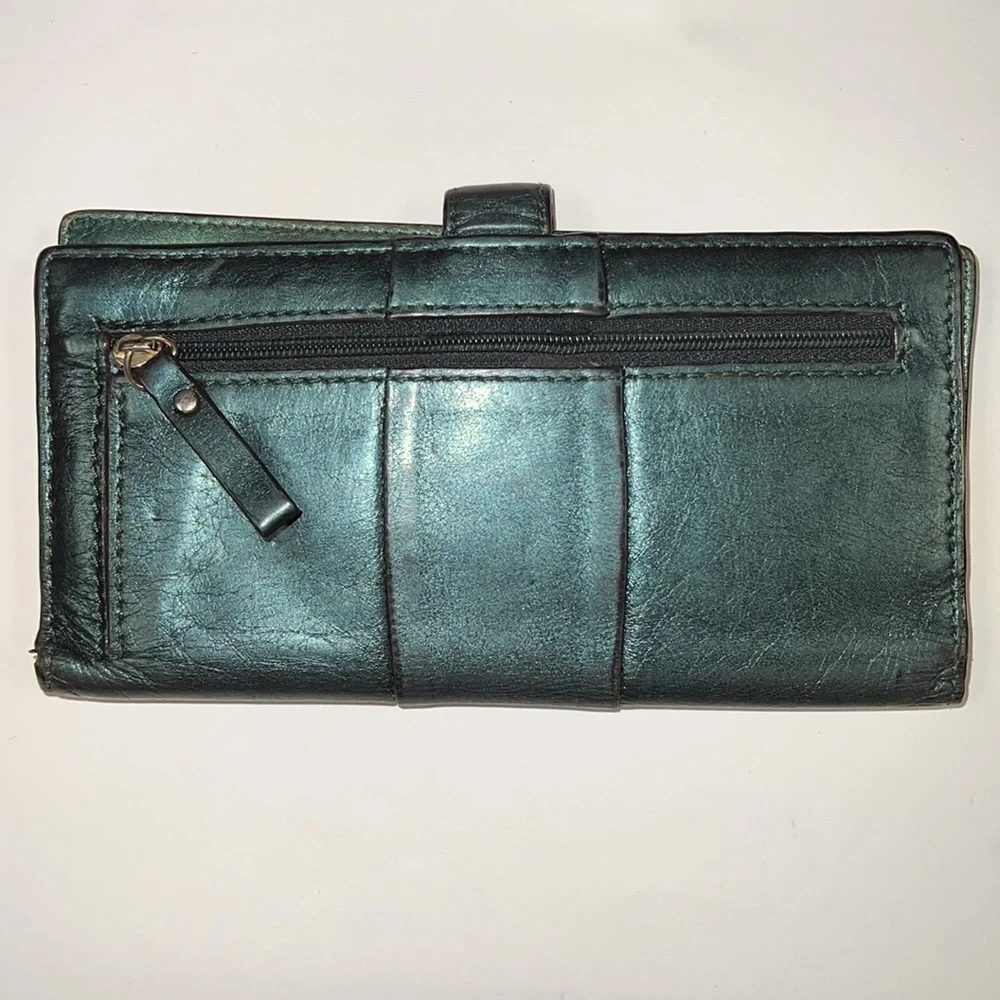 Lodis Green Metallic Leather Snap Clutch Wallet